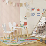 BukkitBow kindertafel met stoelen, kindermeubelset met konijnenoor rugleuning, afmetingen 49,5x49,5x47cm, houten kinder tafel