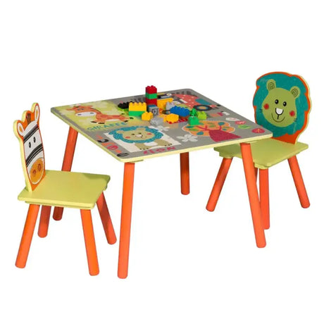 BukkitBow kindertafel met vier stoelen, dierenpatroon, geschikt voor spelen en creatieve activiteiten, afmeting 60x60x44 cm.