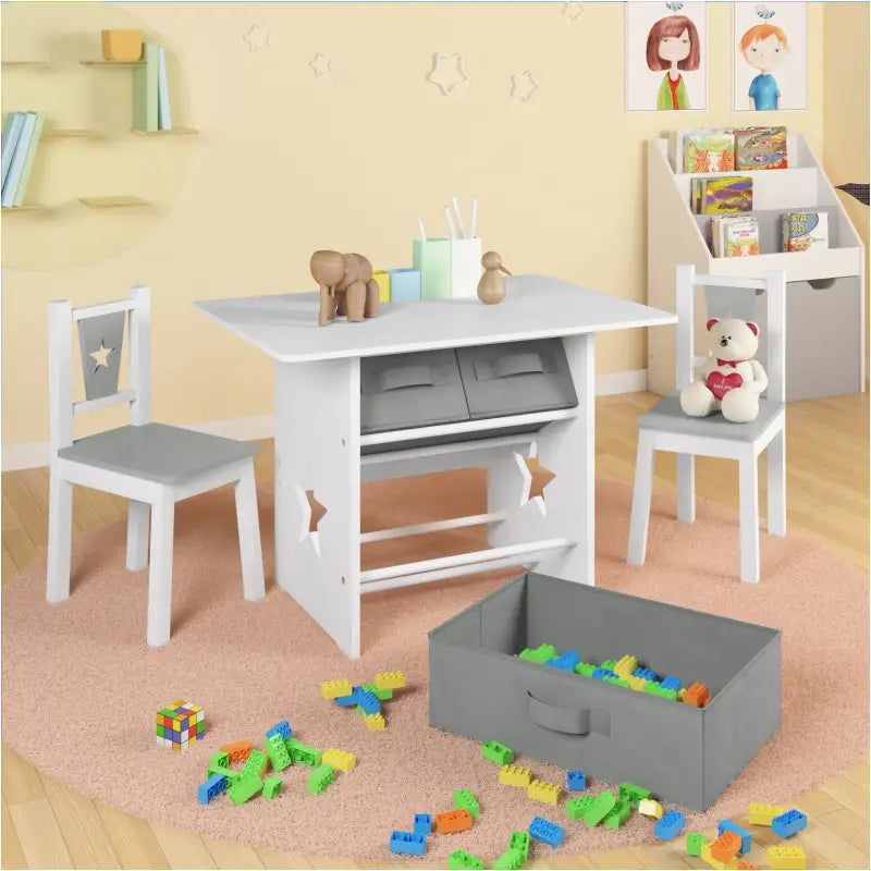 BukkitBow kindertafel met 2 stoelen en 3 opbergmanden, wit en grijs, afmetingen 72x49x50cm, kindermeubelset met opbergruimte