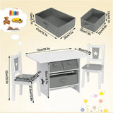 BukkitBow kindertafel met stoelen, wit en grijs, inclusief 3 opbergmanden, afmetingen 72x49x50cm, kindermeubelset met opbergruimte