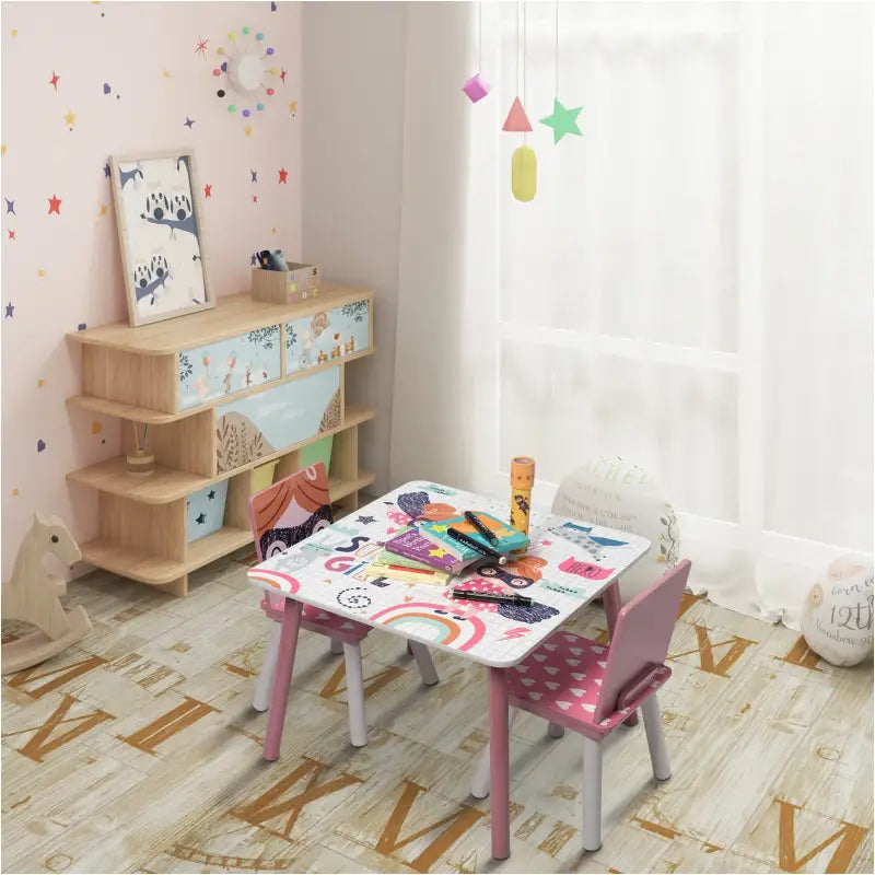 BukkitBow roze kindertafel met twee stoelen, geschikt voor spelen en leren, afmetingen 60x44x60cm, kindermeubelset.