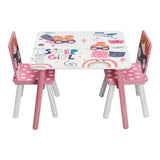 Roze kindertafel met bijpassende stoelen van BukkitBow, ideaal voor spelen en leren, afmeting 60x44x60 cm.