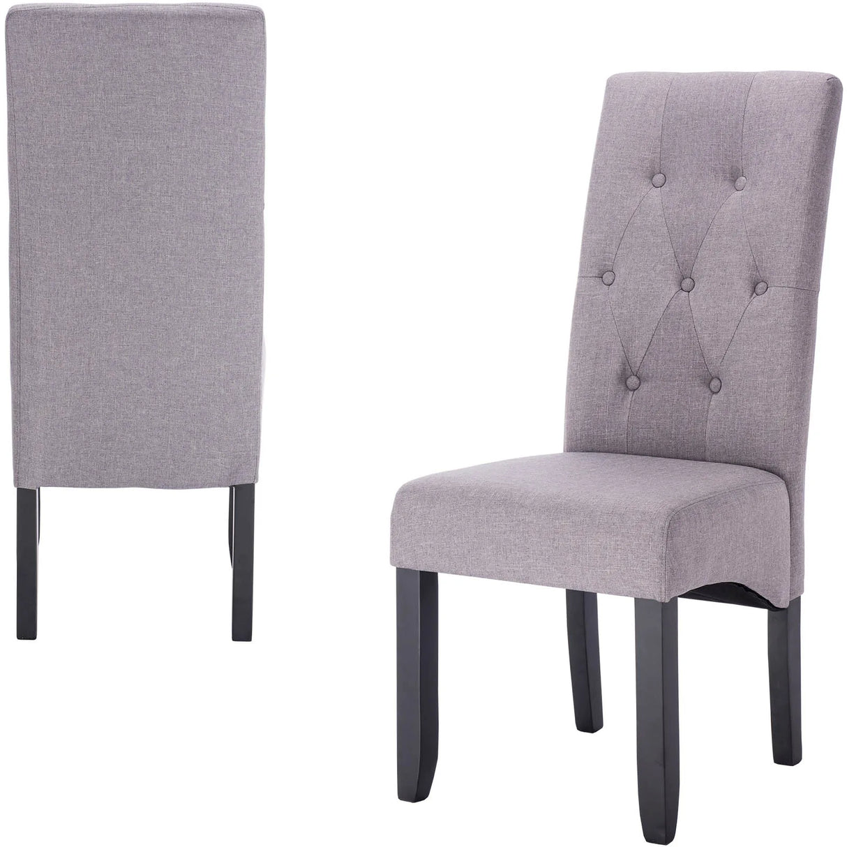 Set van twee BukkitBow eetkamerstoelen met hoge rugleuning, stevige houten poten en comfortabel zitvlak.