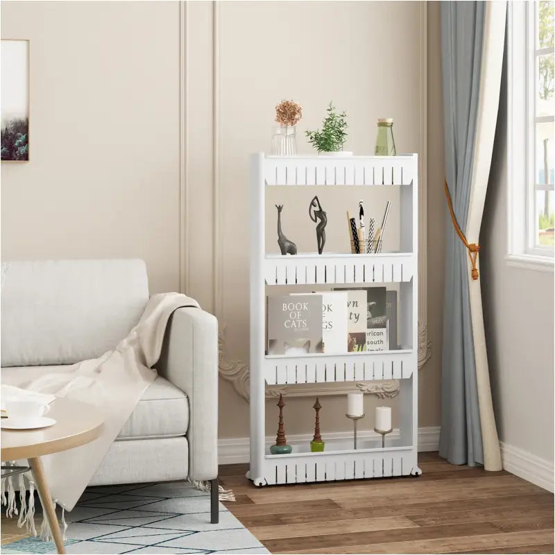 BukkitBow kleine keukenwagen met smal rek op wielen, 3 of 4 lagen opslag voor keuken, woonkamer of badkamer, zwart metalen frame