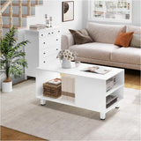BukkitBow bijzettafel met opbergruimte, wit MDF en metaal, 90x45x50 cm, modern en multifunctioneel design.