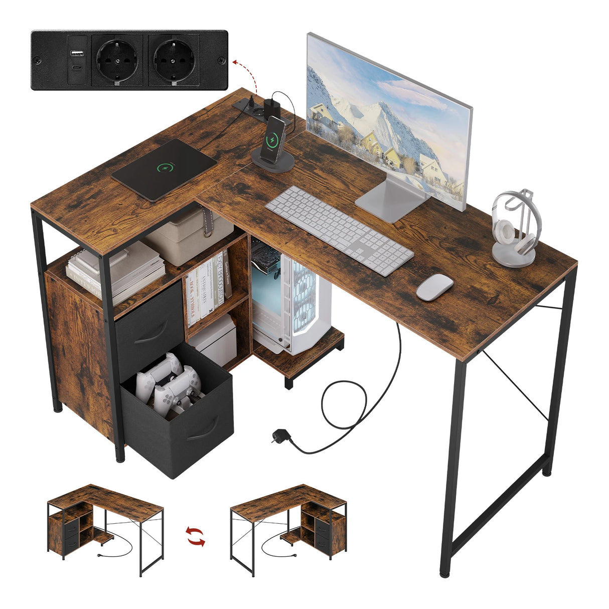BukkitBow hoekbureau in L-vorm met hout en metaal, inclusief USB-poort, modern ontwerp voor thuis of kantoor.