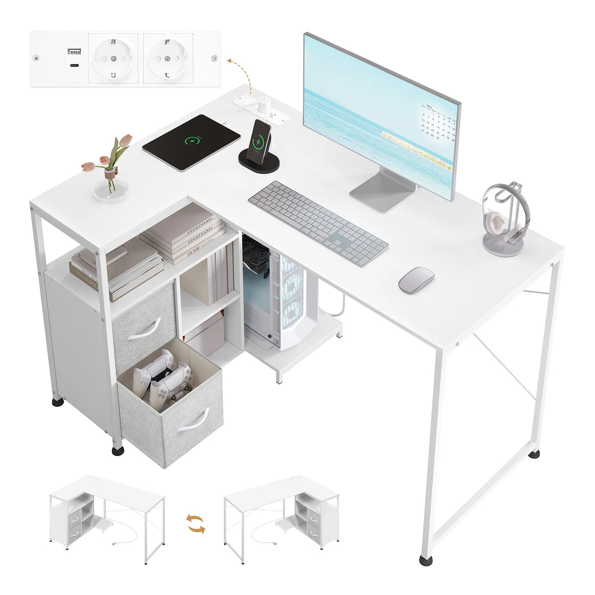 L-vorm BukkitBow bureau van hout en metaal met USB-poorten, modern hoekbureau voor thuis of kantoor.
