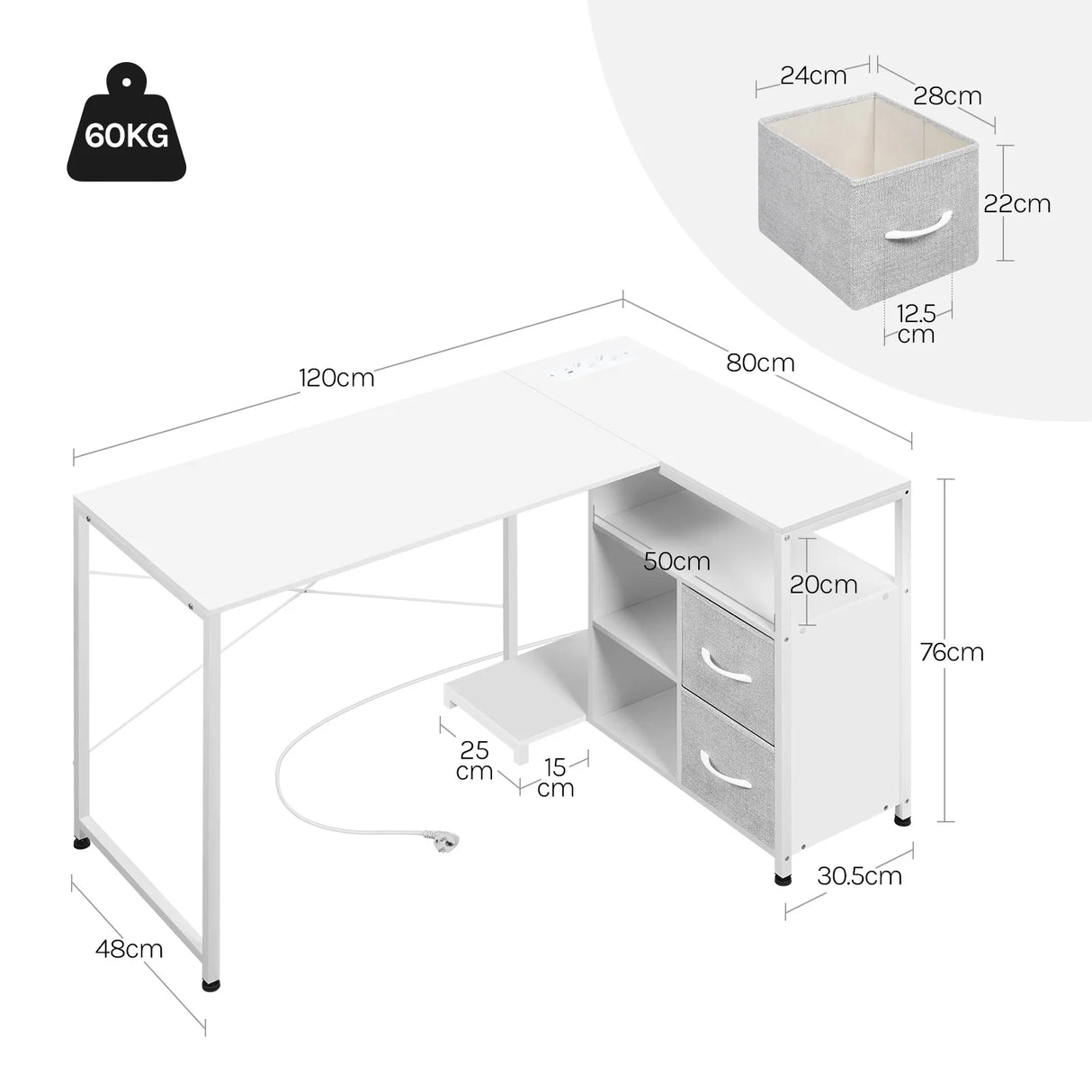 L-vorm bureau van BukkitBow met hout en metaal, USB-poort, modern hoekbureau voor thuis of kantoor.