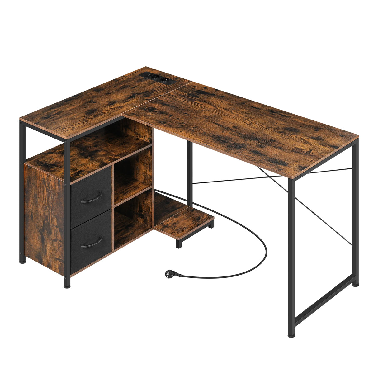 L-vorm bureau van BukkitBow met hout en metaal, USB-poort, modern hoekbureau voor thuis of kantoor.