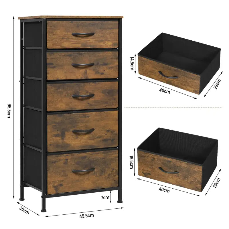BukkitBow ladekast van gefabriceerd hout met 5 stoffen lades, lichtgewicht, stabiel en multifunctioneel, geschikt voor diverse opbergruimtes