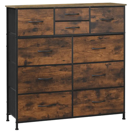 BukkitBow ladekast met 10 stoffen lades, vintage industrieel ontwerp, hout, metaal en non-woven stof, rustiek bruin en zwart.