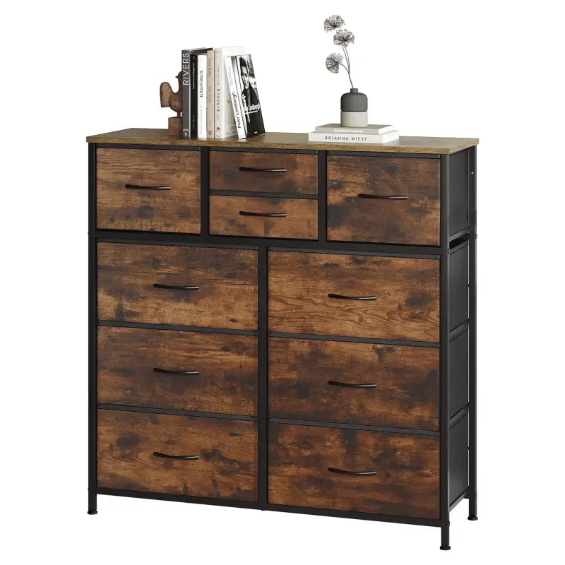 BukkitBow ladekast met 10 stoffen laden, hout, metaal en non-woven stof, vintage industrieel design, rustiek bruin en zwart.