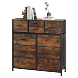 BukkitBow ladekast met 10 stoffen laden, hout, metaal en non-woven stof, vintage industrieel design, rustiek bruin en zwart.