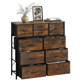 BukkitBow ladekast met 10 stoffen lades, hout, metaal en non-woven stof, vintage industrieel ontwerp in rustiek bruin en zwart.