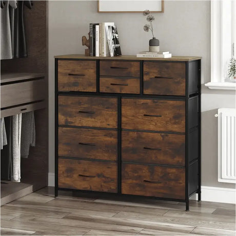 BukkitBow ladekast met 10 stoffen lades, hout en metaal, vintage industrieel ontwerp, rustiek bruin en zwart, 100x100x30 cm