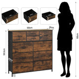 BukkitBow ladekast met 10 stoffen lades, hout, metaal en non-woven stof, vintage industrieel ontwerp, rustiek bruin en zwart.