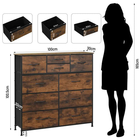 BukkitBow ladekast met 10 stoffen lades, hout, metaal en non-woven stof, vintage industrieel ontwerp, rustiek bruin en zwart.