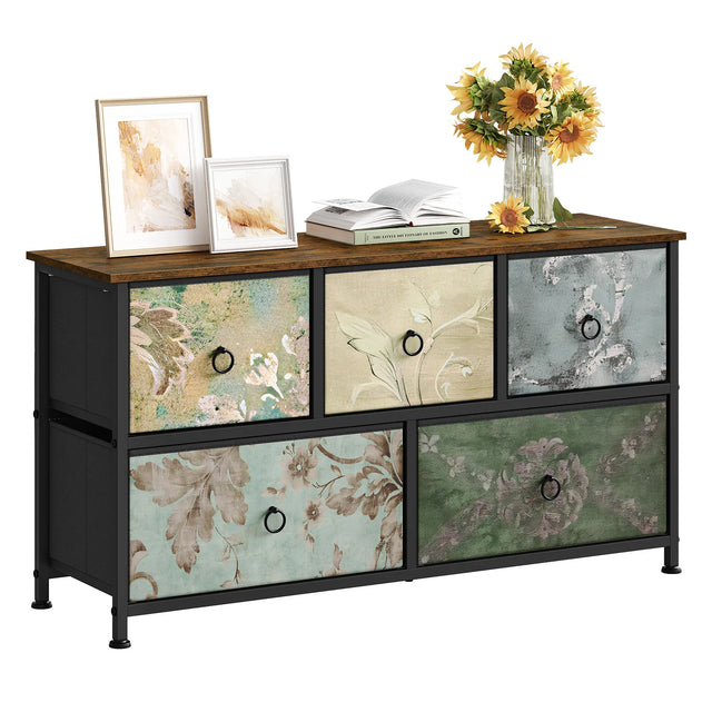 BukkitBow ladekast met 5 stoffen lades, metalen frame, geschikt als TV meubel, dressoir voor woonkamer, slaapkamer of hal