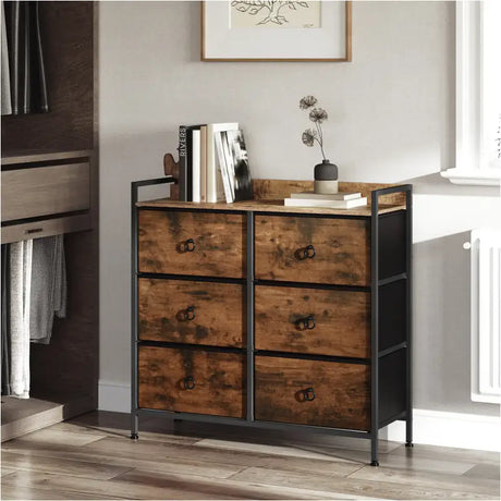 BukkitBow ladekast met 6 stoffen lades, houten en metalen plank, rustiek bruin en zwart, afmetingen 80x29x78 cm.