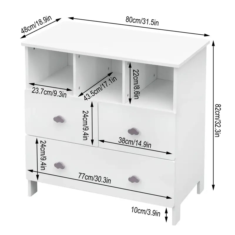 BukkitBow dressoir met wolkvormige handgrepen, 3 laden en 3 vakken, afmetingen 80x81,5x48 cm, modern opbergmeubel