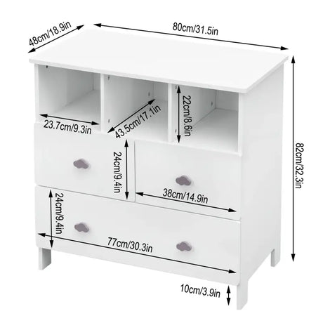 BukkitBow dressoir met wolkvormige handgrepen, 3 laden en 3 vakken, afmetingen 80x81,5x48 cm, modern opbergmeubel
