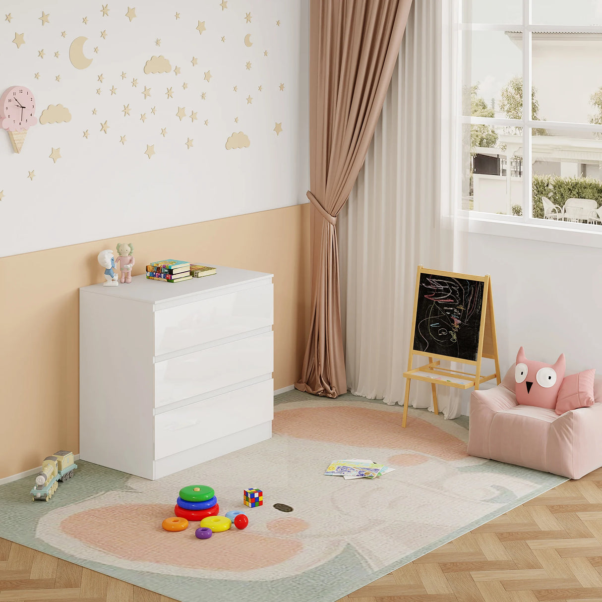 BukkitBow dressoir met 3 lades van spaanplaat, slaapkamer opbergkast, modern design en praktische opbergruimte