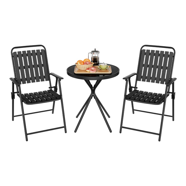 Luxe BukkitBow 3-delige bistroset met glazen tafel en klapstoelen, geschikt voor buitengebruik, strak en modern design