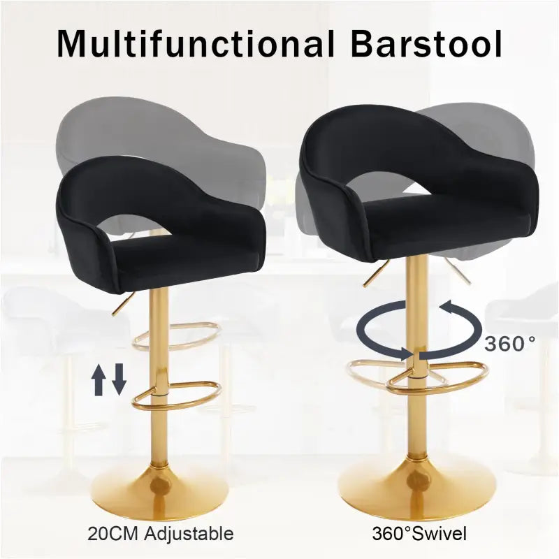 Set van 2 BukkitBow luxe barkrukken met velvet bekleding, rugleuning, voetensteun en goudkleurig onderstel.