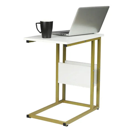 Luxe BukkitBow bijzettafel met metalen frame, opslagruimte en geschikt voor laptop, hoogte 60cm, modern design.