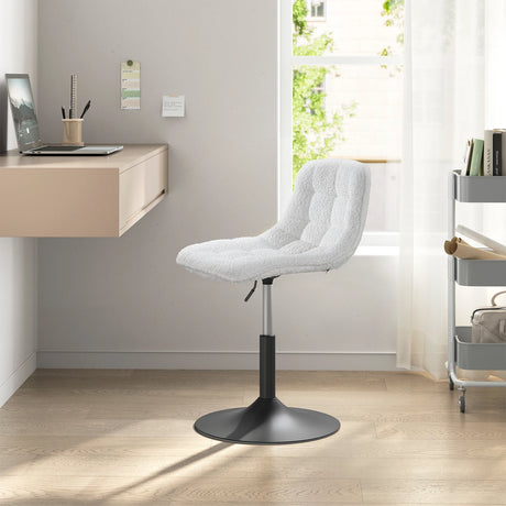 Luxe BukkitBow make-up barkruk met verstelbare hoogte, wit en grijs, bekleed met zachte chenille stof en modern design.