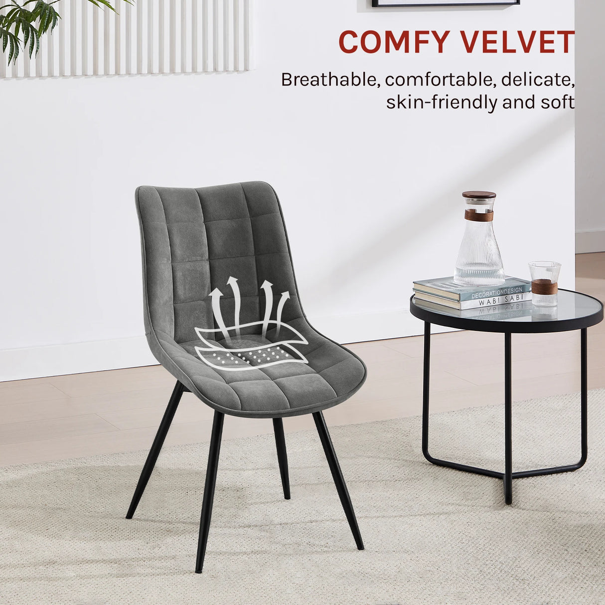 Set van 4 moderne BukkitBow luxe draaibare velvet eetkamerstoelen met gestikte details en metalen poten.