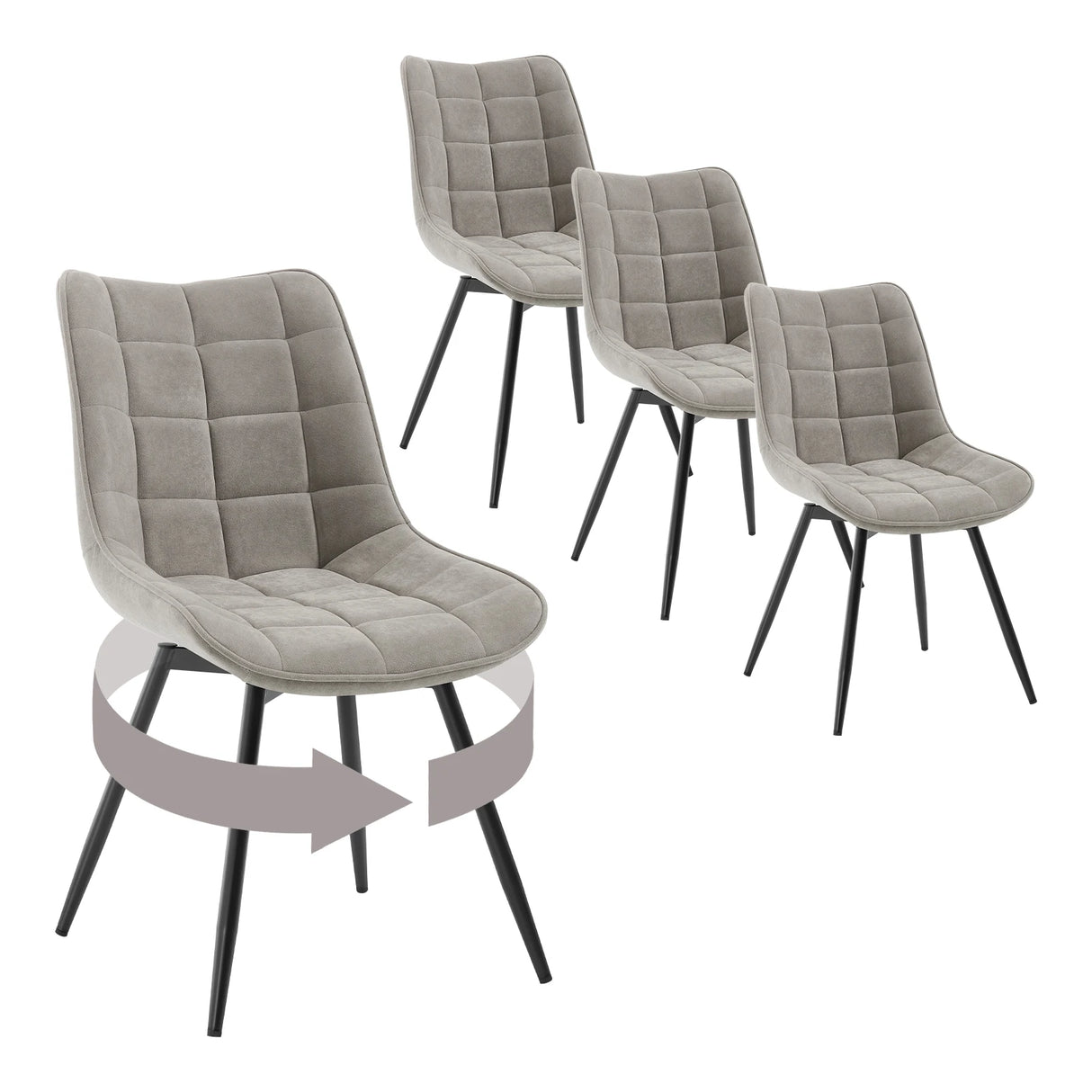 Set van 4 moderne BukkitBow luxe draaibare velvet eetkamerstoelen met gestoffeerde zittingen en rugleuningen.