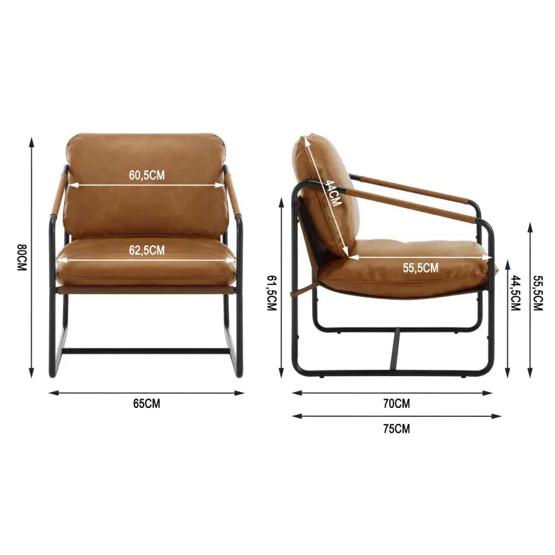 Luxe BukkitBow fauteuil van faux leer met metalen poten, modern design en afmetingen 65x80x75cm, comfortabel zitmeubel