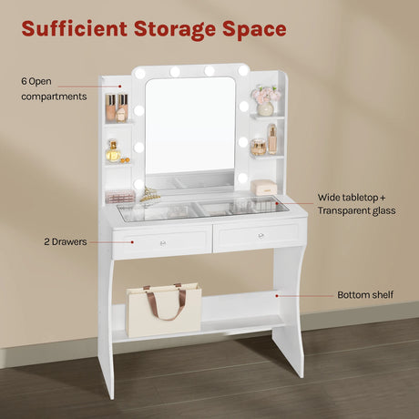 Luxe witte BukkitBow kaptafel met glazen werkblad en LED-spiegel, stijlvolle en moderne make-up tafel.