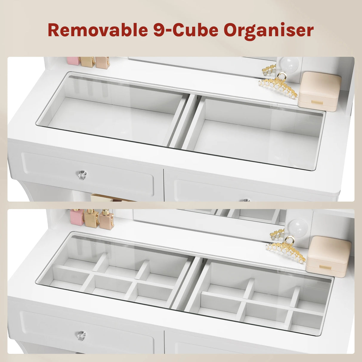 Luxe witte BukkitBow kaptafel met glazen werkblad, LED-spiegel en stijlvolle uitstraling.