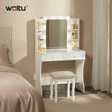 Luxe witte BukkitBow kaptafel met glazen werkblad en LED-spiegel, modern design voor stijlvolle slaapkamers en badkamers.