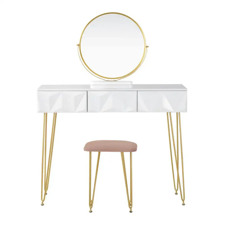 Luxe BukkitBow kaptafel met ronde spiegel, gouden poten, kruk en drie lades, 360 graden draaibare spiegel, elegant en functioneel.