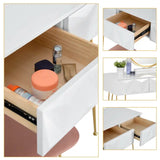Luxe BukkitBow kaptafel met ronde spiegel, gouden poten, kruk en drie lades, 360 graden draaibare spiegel, elegant en functioneel