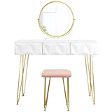 Luxe BukkitBow kaptafel met ronde spiegel, gouden poten, kruk en drie lades voor stijlvolle opbergruimte en make-up.