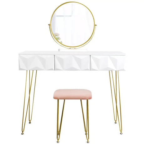 Luxe BukkitBow kaptafel met ronde spiegel, gouden poten, kruk en drie lades voor stijlvolle opbergruimte en make-up.