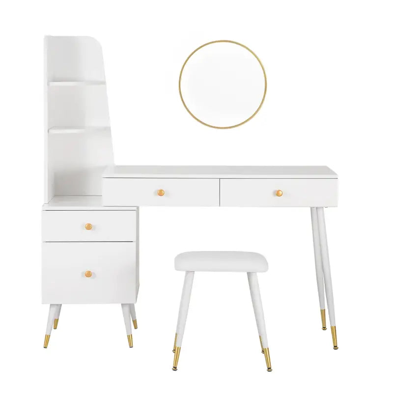 Luxe BukkitBow kaptafel met ronde spiegel, kruk en opbergkast met gouden poten, elegante en functionele meubelstuk voor de slaapkamer