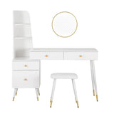 Luxe BukkitBow kaptafel met ronde spiegel, kruk en opbergkast met gouden poten, elegante en functionele meubelstuk voor de slaapkamer