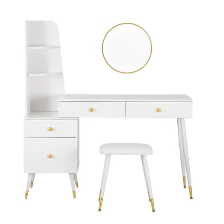 Luxe BukkitBow kaptafel met ronde spiegel, kruk en opbergkast met gouden poten, elegante en functionele meubelstuk voor de slaapkamer