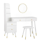 Luxe BukkitBow kaptafel met ronde spiegel, kruk en opbergkast met gouden poten, elegant meubel voor in de slaapkamer of garderobe.