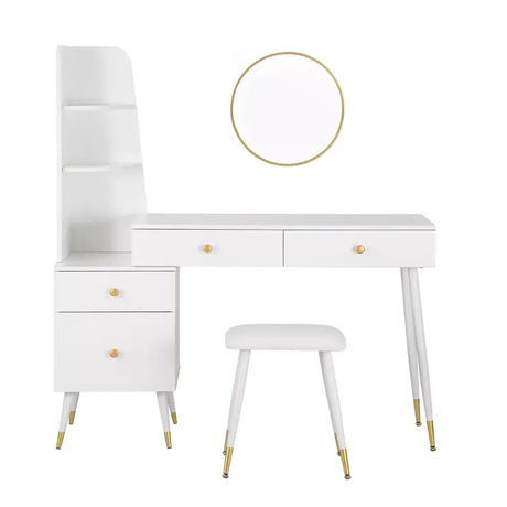 Luxe BukkitBow kaptafel met ronde spiegel, kruk en opbergkast met gouden poten voor een stijlvolle slaapkamer inrichting