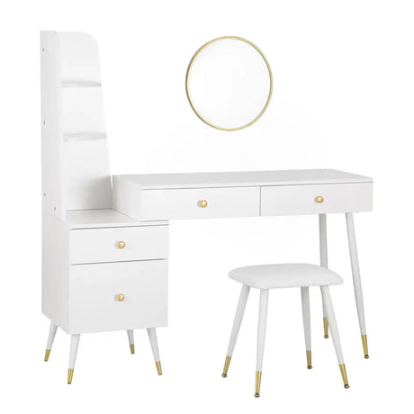 Luxe BukkitBow kaptafel met ronde spiegel, kruk en opbergkast met gouden poten, stijlvolle make-up en sieraden tafel