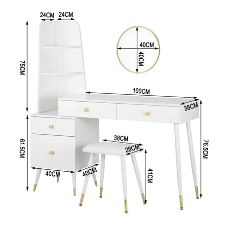 Luxe BukkitBow kaptafel met ronde spiegel, kruk en opbergkast met gouden poten, modern en elegant meubelstuk voor de slaapkamer.