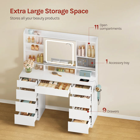 Luxe BukkitBow kaptafel met schuifspiegel, negen laden, stopcontact en USB-poort, elegant meubel voor make-up en accessoires