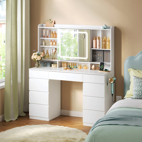 Luxe BukkitBow kaptafel met schuifspiegel, 9 laden, stopcontact en USB-poort, elegant meubel voor make-up en accessoires