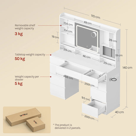 Luxe BukkitBow kaptafel met schuifspiegel, 9 laden, stopcontact en USB-poort, elegant meubel voor sieraden en make-up